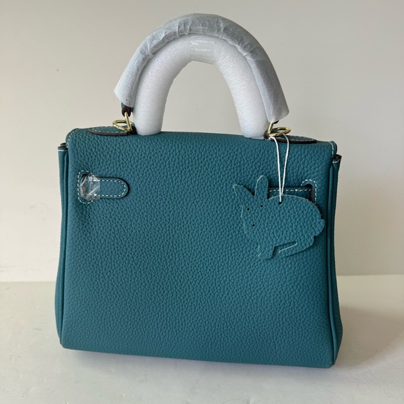 Teal Colbalt Bleu Jean 25 Leather Belted KL Bag w/ Gold HW Crossbody Satchel B13 - Picture 5 of 13